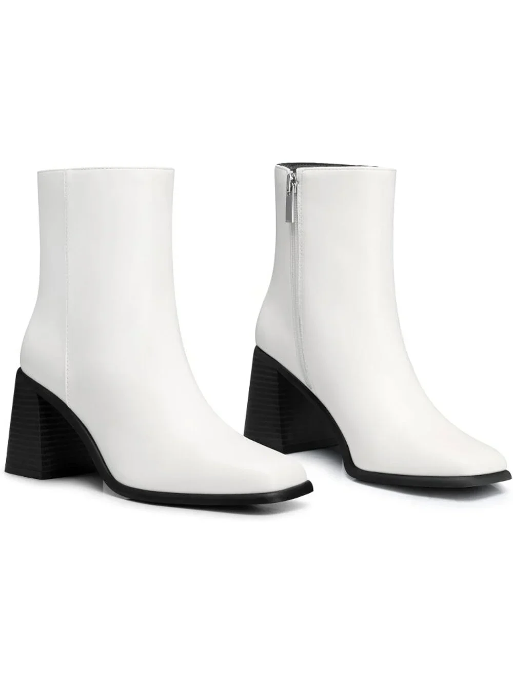 Women's White Square Toe Comfortable Chunky Heel Faux Leather Ankle Boots